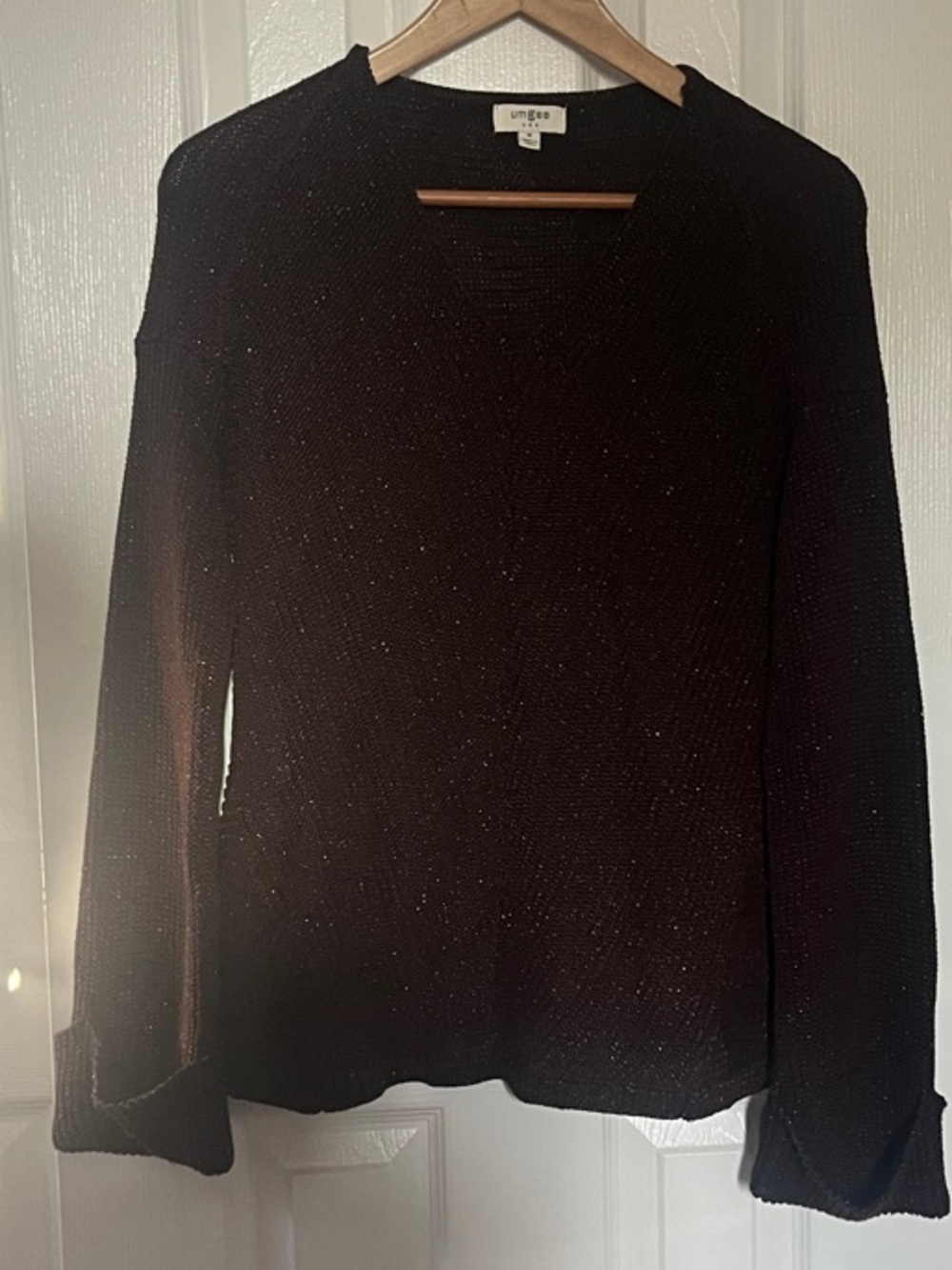 Umgee Brown V-Neck Knit Sweater with Subtle Metallic Threading